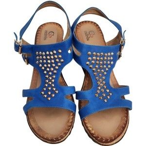 CR COLLECTION Blue Wedge Sandals Gold Studs US Women's Size 9.5 EU Size 40